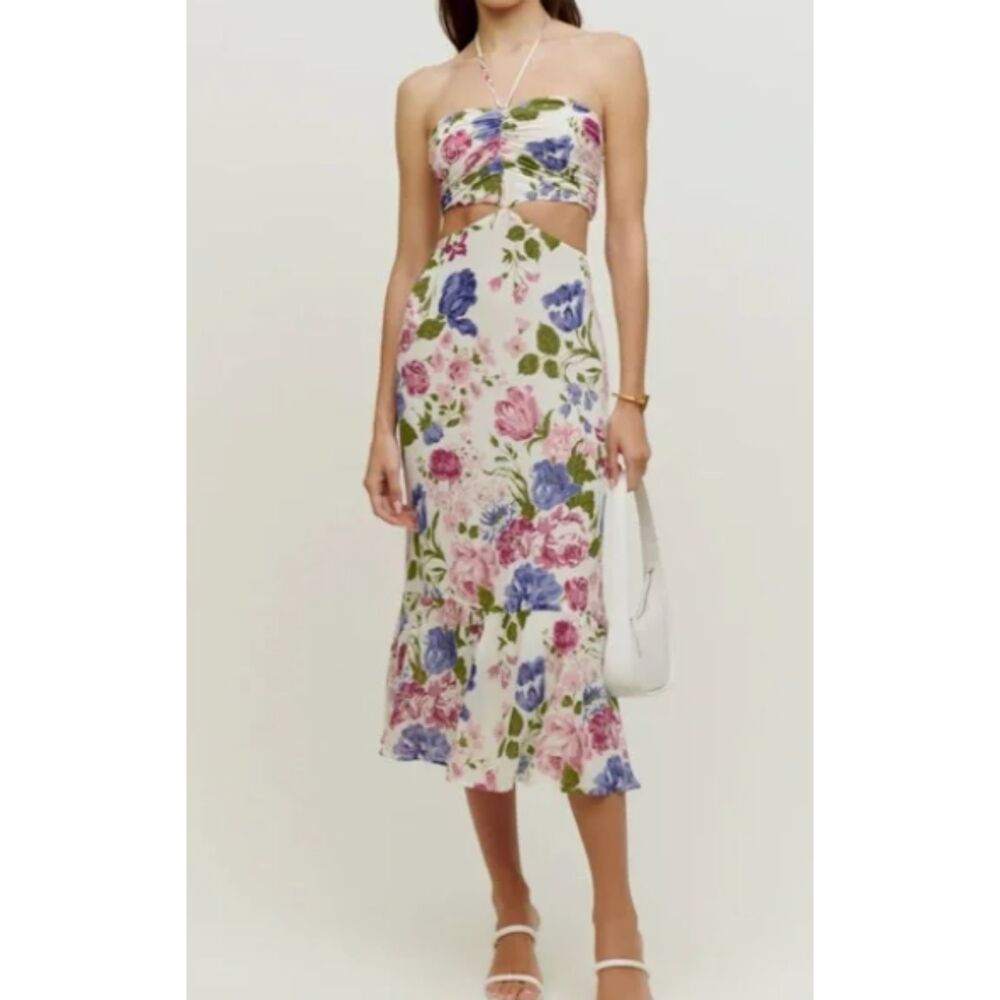 Reformation Riya Floral Midi Dress Size 6 Pink Blue White NEW